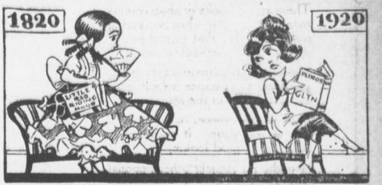 Two girls are sitting on different benches. The two girls are looking at each other. One represent the 1820s with a big dress and have hair with a bow. She is holding a fan and a book call "Little Rio Riding". The other girl represent the 1920s. She is wearing a small dress with pants, she has wavy short hair, wearing makeup, and is holding a book called "Punor Glyn".