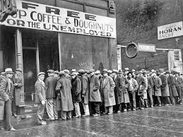 Black and white image of men in a line at a soup kitchen 