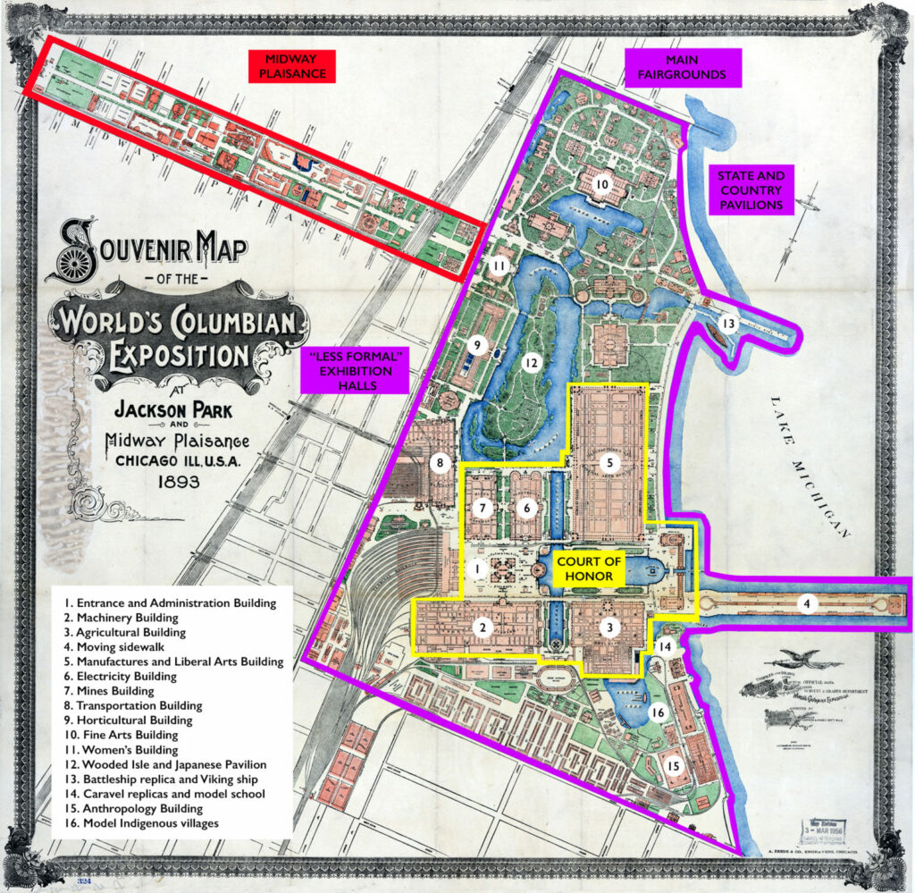 This colorful diagram maps how where specific exhibits were in the 1893 Columbian Exposition. 