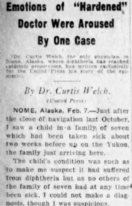 A black and white newspaper article by Dr. Curtis Welch. The heading reads "Emotions of 'Hardened' Doctor Were Aroused by One Case." The article is from February 7, 1925.