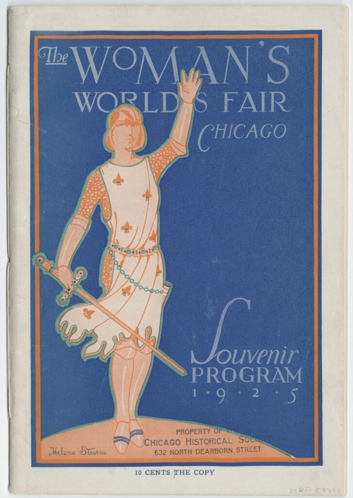 This illustration from the cover of the program from the Women's World's Fair feature a woman resembling Joan of Arc, waving proudly to the viewer.