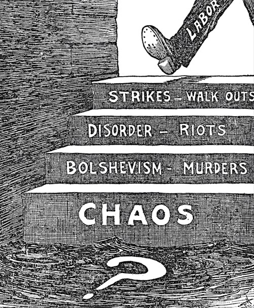 A political cartoon showing a leg labeled "Labor" descending stages of social chaos.