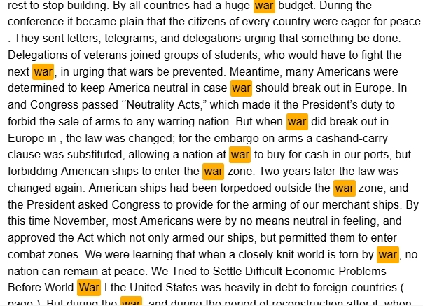 A snapshot of text from The Story of Our Country, an American history textbook written in 1948. The word 'war' is highlighted throughout the text, most often in relation to the laws the American government passed leading up to World War I.
