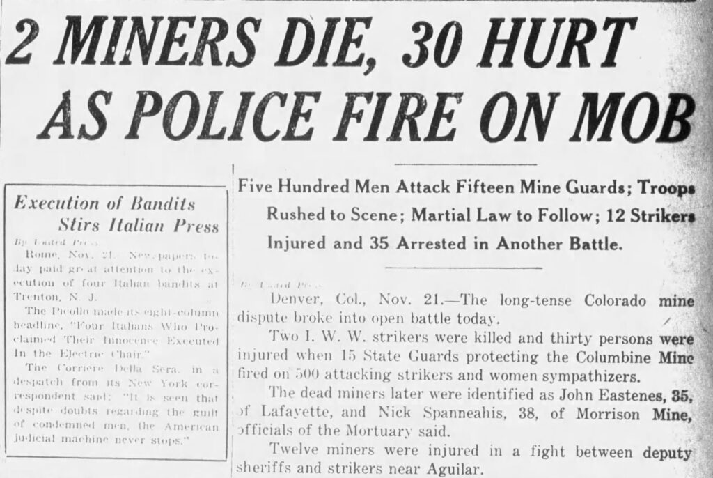 A newspaper headline from November 21, 1927. It reads "2 Miners Die, 30 Hurt as Police Fire on Mob." It was published in the Brooklyn Daily Times.
