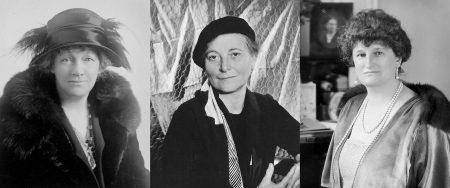 On the left is Lillie P. Bliss wearing a big hat and a fur coat. In the middle is Mary who is wearing a hat and a shirt. Lastly on the right is Abby who is wearing a shirt with a coat over it.