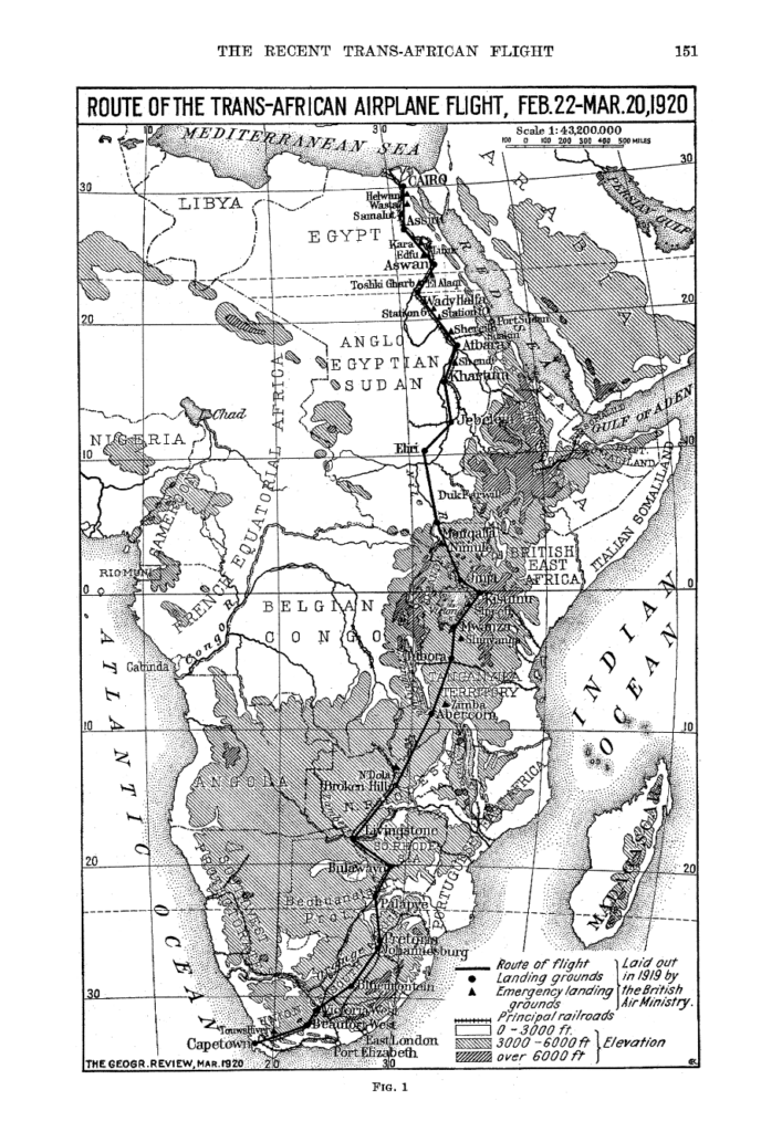 A black and white illustration of the flight path from the first trans-african flight. 