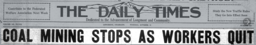 A headline from the October 18, 1927 edition of the Daily Times. It reads "Coal Mining Stops as Workers Quit."